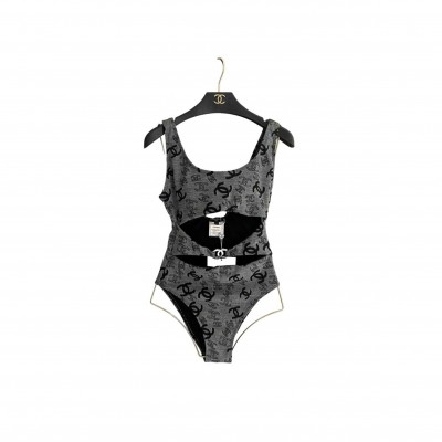 CHANEL SWIMSUIT IN GREY AND BLACK PRINTED LOGO 